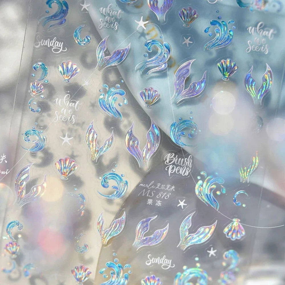 5D Metal Fish Nail Art Stickers Tiny Ocean Shoal of Fish Foil Waves Summer Beach Self Adhesive Decoration Manicure Decal DIY