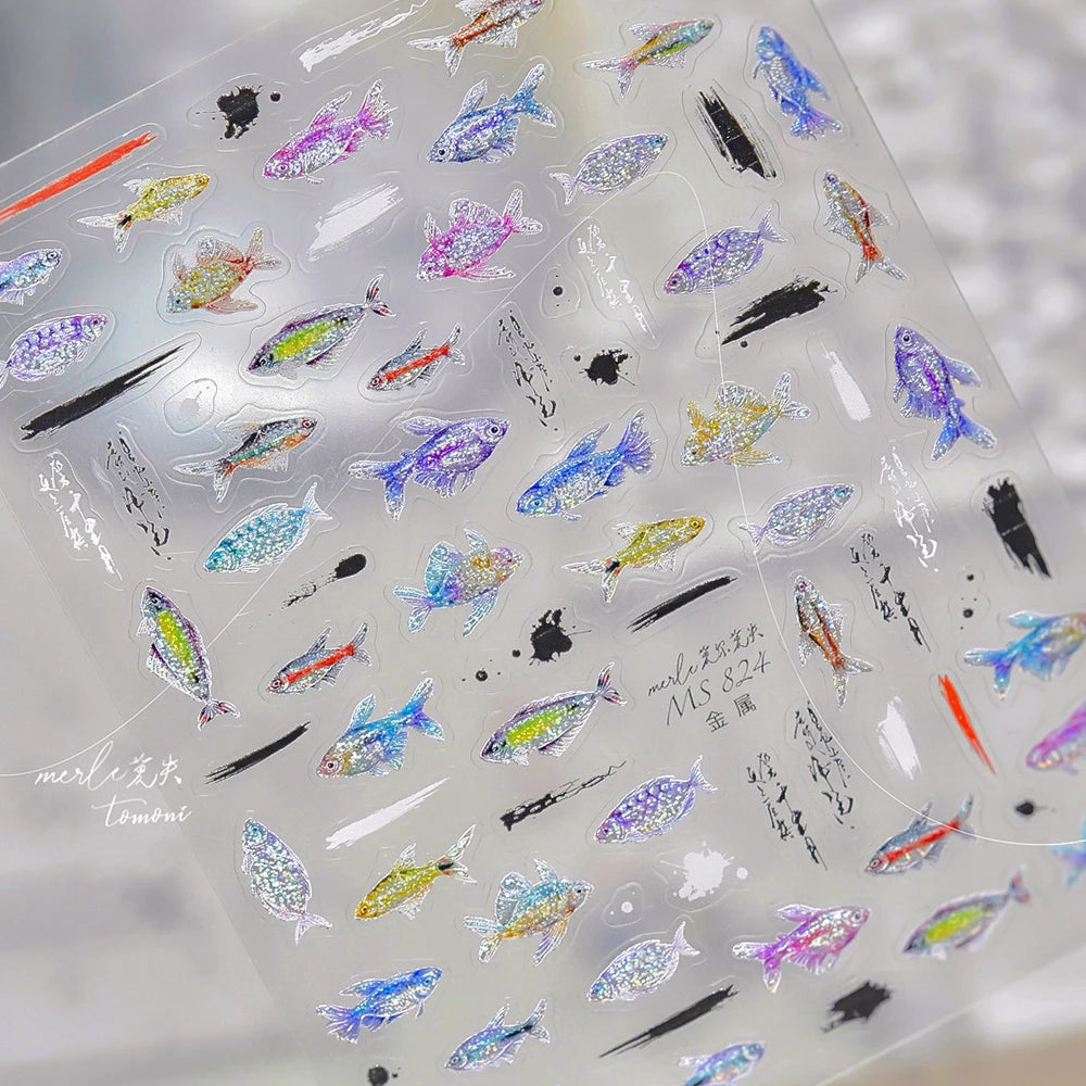 5D Metal Fish Nail Art Stickers Tiny Ocean Shoal of Fish Foil Waves Summer Beach Self Adhesive Decoration Manicure Decal DIY
