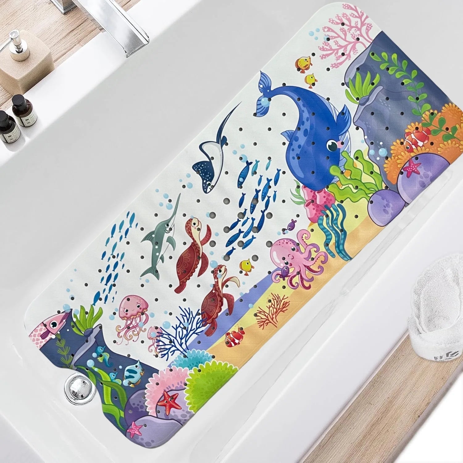 1pc Cartoon Extra Long Bathtub Mat 40x100cm Non Slip Bath Mat for Bathroom Tubs Shower Mats with Suction Cups & Drain Holes