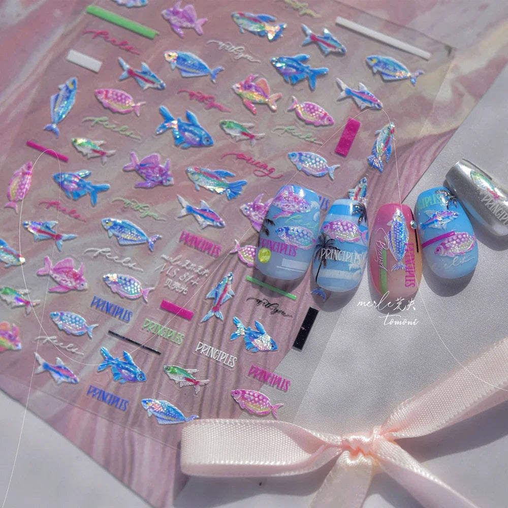 5D Metal Fish Nail Art Stickers Tiny Ocean Shoal of Fish Foil Waves Summer Beach Self Adhesive Decoration Manicure Decal DIY