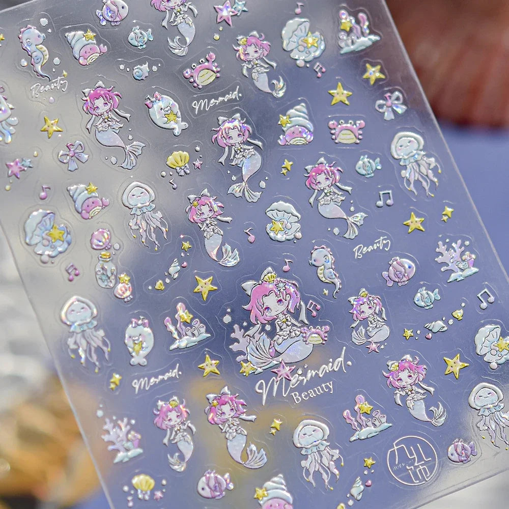 5D Metal Fish Nail Art Stickers Tiny Ocean Shoal of Fish Foil Waves Summer Beach Self Adhesive Decoration Manicure Decal DIY