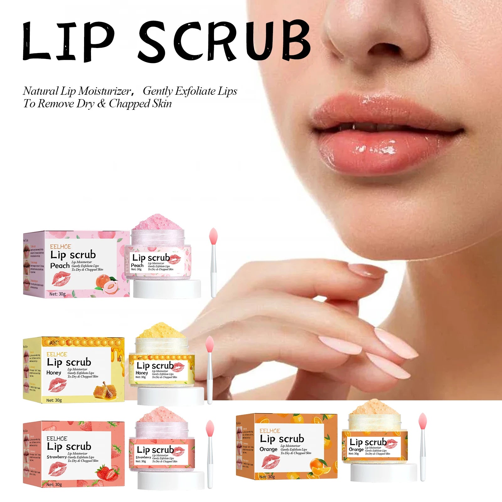 Watermelon Peach Lip Scrub: Moisturizes lips, replenishes moisture, reduces and improves dark circles around the mouth.