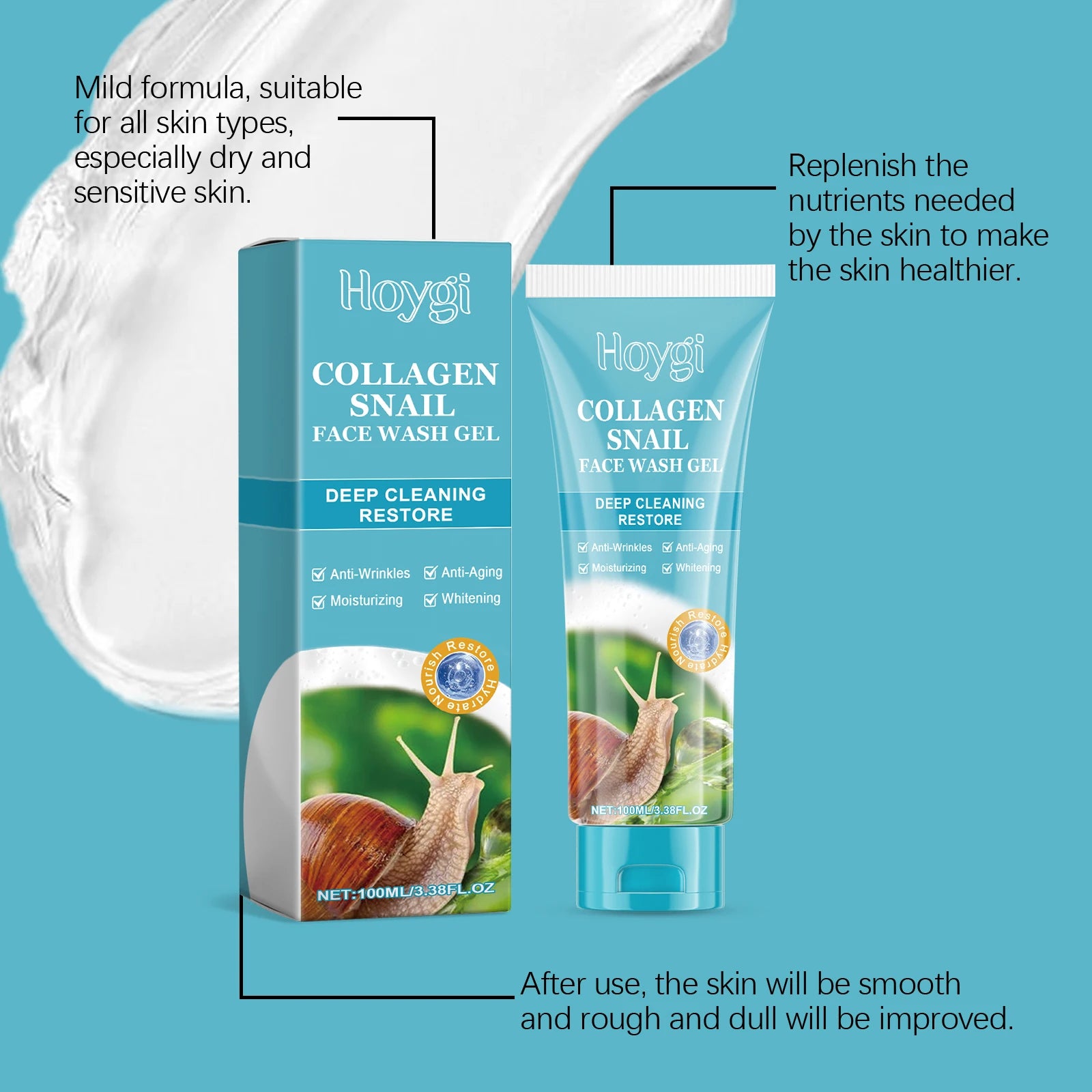 Collagen Snail Cleansing Gel Gentle Exfoliating Cleanser Shrink Pores Repair Moisturizing Cleanser Facial Skin Care Cleanser