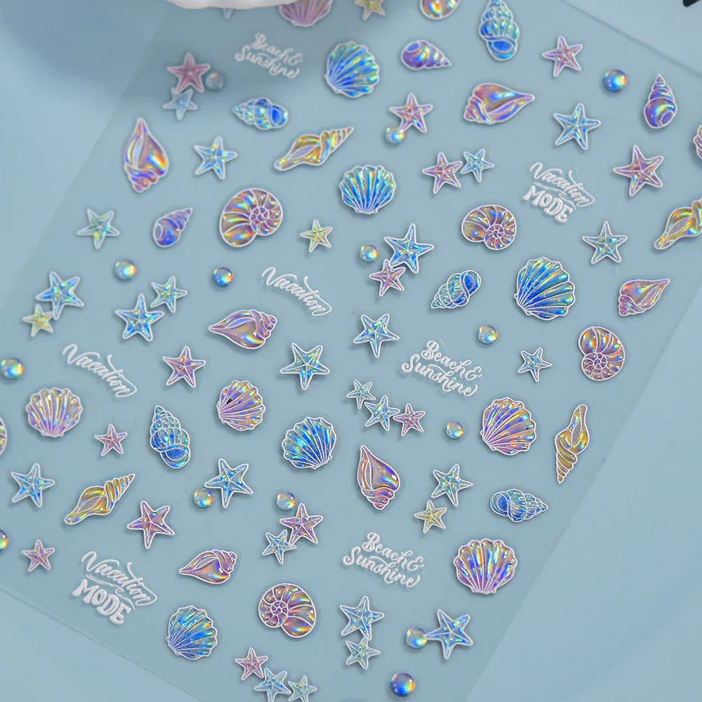 5D Deep Sea Fish Nail Art Stickers Shimmery Bubble Colorful Marine Life Nail Decals Summer Ocean Self Adhesive Manicure Decal