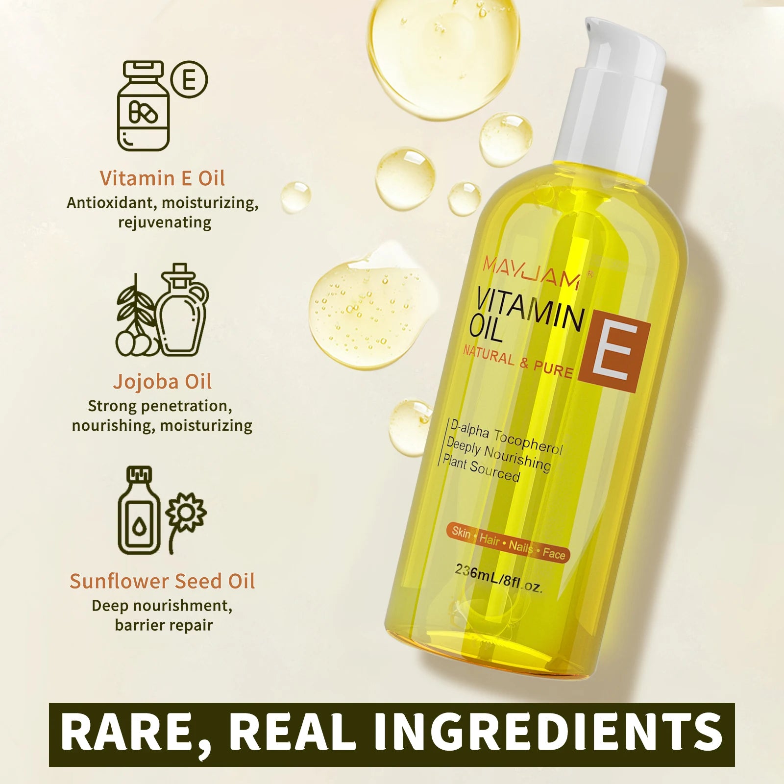 MAYJAM Natural & Pure Vitamin E Oil Skincare Moisturizing Brighten Skin Tone 118ml 236ml Face Care Oil