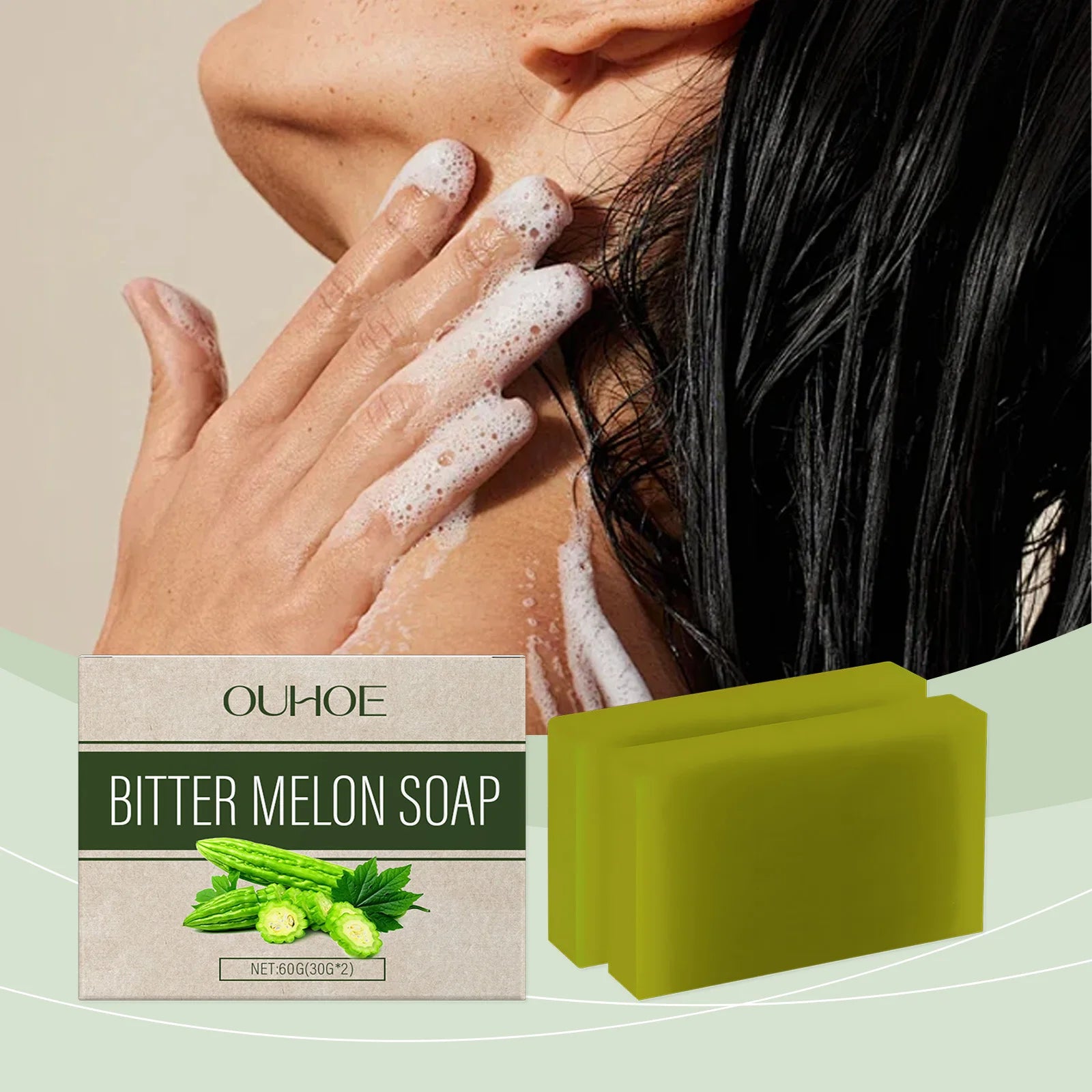 OUHOE Herbal Bath Soap with Bitter Melon: Deeply Clean Pores, Balance Water & Oil, Soothe Skin, Fresh Aroma
